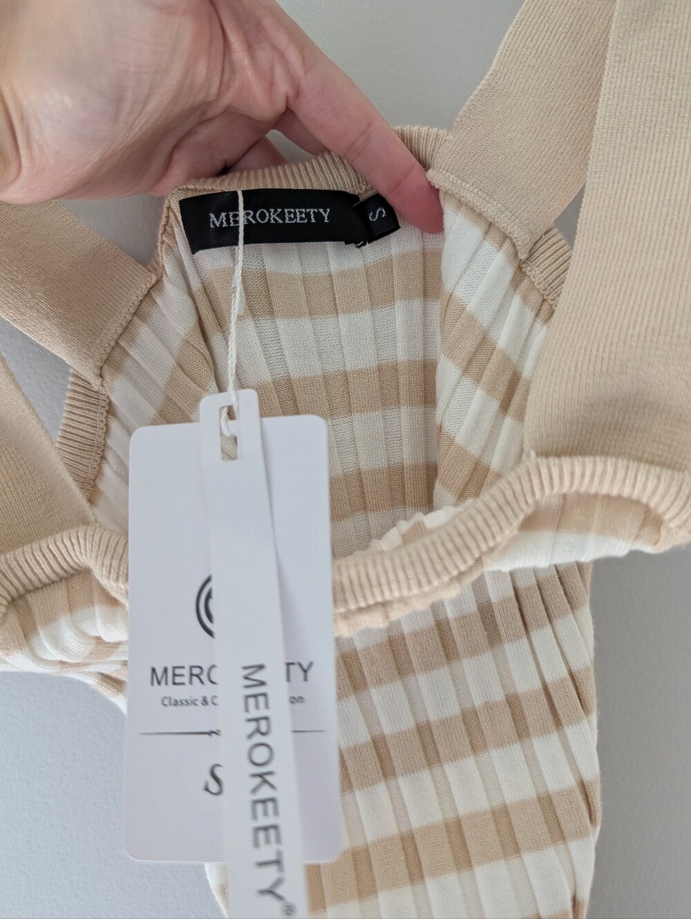 NWT Merokeety Beige Cream Striped Ribbed Knit Midi Dress S Square Neck - Picture 5 of 8